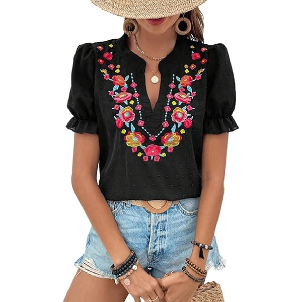 Floerns Women's Mock Neck Guipure Lace Trim Embroidery Blouse Tops